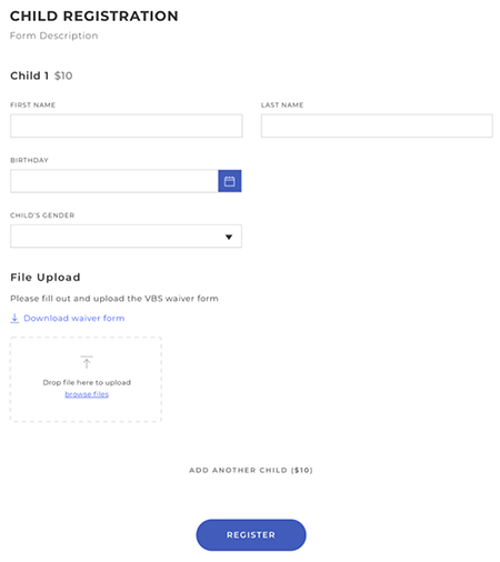 Child registration form, screen